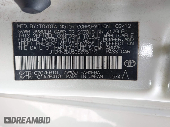 2012 Toyota Prius One with VIN JTDKN3DU6C5398119, listed as a IAAI auction lot 41891618 with 215,294 mi miles. Bid and sale history available at carsss.com. Image 9.