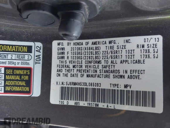 2013 Honda CR-V EX with VIN 5J6RM4H53DL085093, listed as a IAAI auction lot 41052209 with 108,813 mi miles. Bid and sale history available at carsss.com. Image 9.