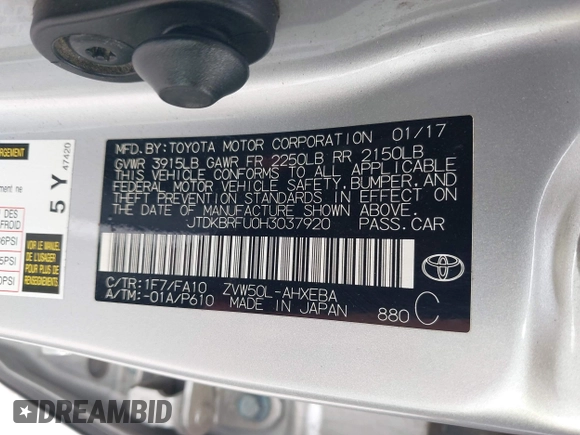 2017 Toyota Prius Two with VIN JTDKBRFU0H3037920, listed as a IAAI auction lot 42356304 with 155,485 mi miles and . Bid and sale history available at DreamBid. Image 9.