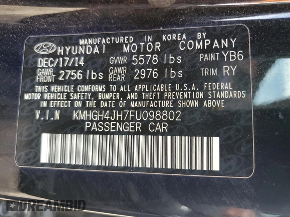 2015 Hyundai Equus Signature with VIN KMHGH4JH7FU098802, listed as a Copart auction lot 58010805 with 78,968 mi miles and Salvage title. Bid and sale history available at DreamBid. Image 12.