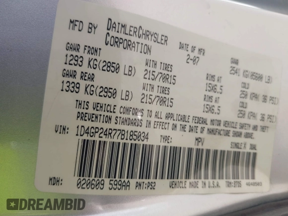 2007 Dodge Grand Caravan SE with VIN 1D4GP24R77B185034, listed as a IAAI auction lot 42503537 with 153,150 mi miles and . Bid and sale history available at DreamBid. Image 9.