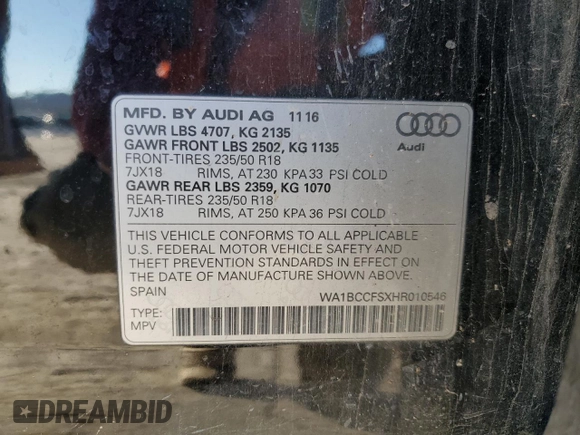 2017 Audi Q3 Premium with VIN WA1BCCFSXHR010546, listed as a Copart auction lot 89136945 with 142,656 mi miles and Salvage Title. Bid and sale history available at carsss.com. Image 16.