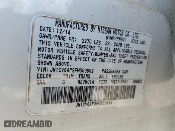 2015 Infiniti Q40 with VIN JN1CV6AP2FM503692, listed as a Copart auction lot 78728724 with 132,822 mi miles and Salvage Title. Bid and sale history available at DreamBid. Image 14.