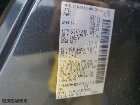 2013 Nissan Pathfinder SV with VIN 5N1AR2MN1DC651231, listed as a Copart auction lot 41500215 with 128,709 mi miles and Salvage Title. Bid and sale history available at carsss.com. Image 13.