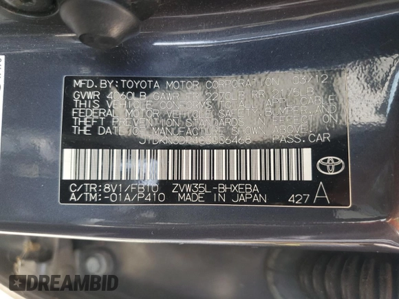2012 Toyota Prius with VIN JTDKN3DP4C3006468, listed as a Copart auction lot 61758325 with 124,796 mi miles and Salvage title. Bid and sale history available at DreamBid. Image 13.