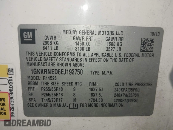 2014 GMC Acadia SLE with VIN 1GKKRNED6EJ192750, listed as a IAAI auction lot 41782288 with 204,933 mi miles and . Bid and sale history available at carsss.com. Image 9.