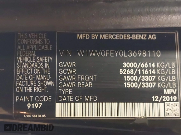 2020 Mercedes-Benz Metris with VIN W1WV0FEY0L3698110, listed as a IAAI auction lot 41718595 with 122,543 mi miles and . Bid and sale history available at DreamBid. Image 9.