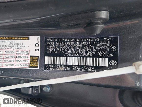 2017 Toyota Prius v Two with VIN JTDZN3EU6HJ069884, listed as a IAAI auction lot 41493416 with 37,716 mi miles. Bid and sale history available at carsss.com. Image 9.