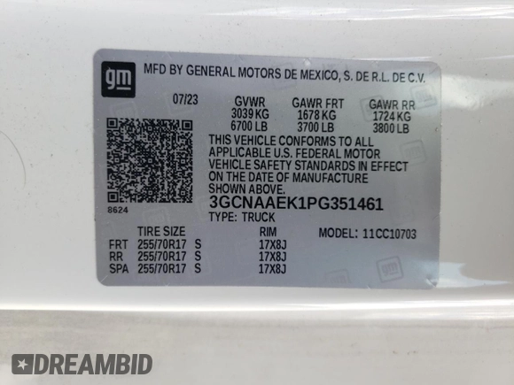 2023 Chevrolet Silverado 1500 Work Truck with VIN 3GCNAAEK1PG351461, listed as a Copart auction lot 55616505 with 149,071 mi miles and Clean Title. Bid and sale history available at DreamBid. Image 12.