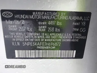 2018 Hyundai Sonata SEL with VIN 5NPE34AF0JH696872, listed as a IAAI auction lot 41070305 with 121,000 mi miles and . Bid and sale history available at DreamBid. Image 9.