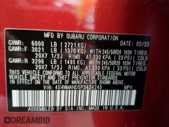 2023 Subaru Ascent Limited with VIN 4S4WMAND5P3424245, listed as a Copart auction lot 54969595 with 17,173 mi miles and Salvage title. Bid and sale history available at DreamBid. Image 14.