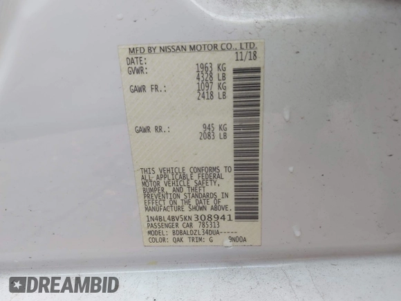 2019 Nissan Altima S z VIN 1N4BL4BV5KN308941, wystawiony jako IAAI lot #41851529 z przebiegiem 146 915 mil mil oraz . Historia ofert i sprzedaży dostępna na DreamBid. Obrazek 9.