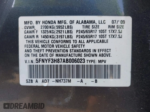 2010 Honda Pilot Touring with VIN 5FNYF3H87AB006023, listed as a IAAI auction lot 40310546 with 135,482 mi miles and . Bid and sale history available at carsss.com. Image 9.