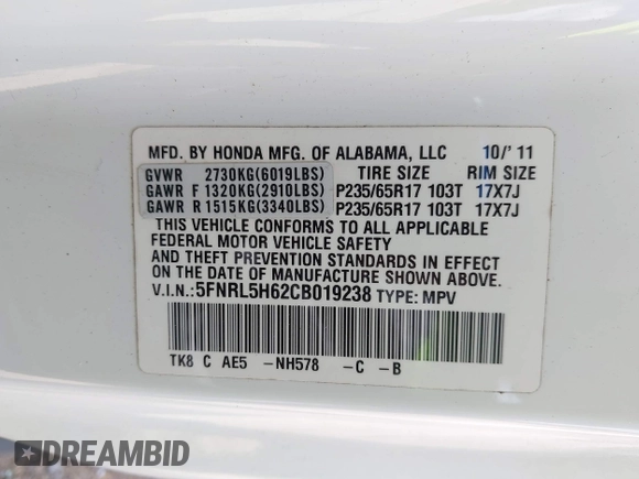 2012 Honda Odyssey EX-L with VIN 5FNRL5H62CB019238, listed as a IAAI auction lot 42524694 with 271,384 mi miles and . Bid and sale history available at DreamBid. Image 9.