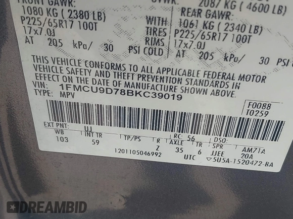 2011 Ford Escape XLT с VIN 1FMCU9D78BKC39019, выставлен на аукционе IAAI как лот 41903813 с пробегом 226 401 миль миль и . История ставок и продаж доступна на DreamBid. Изображение 9.
