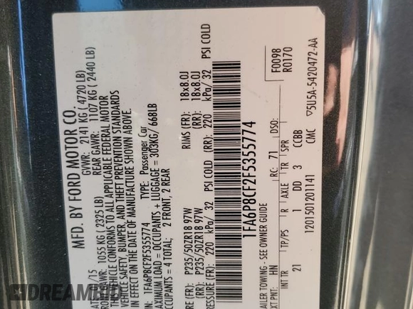 2015 Ford Mustang GT z VIN 1FA6P8CF2F5355774, wystawiony jako Copart lot #54359735 z przebiegiem 85 410 mil mil oraz Szkody całkowita. Historia ofert i sprzedaży dostępna na DreamBid. Obrazek 12.