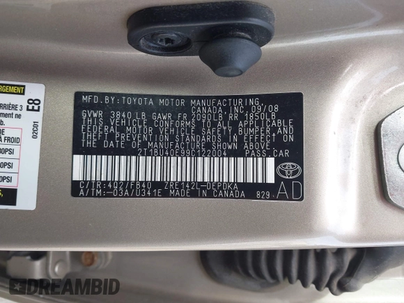 2009 Toyota Corolla with VIN 2T1BU40E99C122004, listed as a IAAI auction lot 42251061 with 210,193 mi miles and . Bid and sale history available at DreamBid. Image 9.