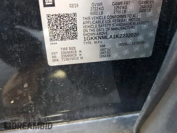 2019 GMC Acadia SLT with VIN 1GKKNMLA1KZ232020, listed as a Copart auction lot 56120725 with Not Provided miles and Clean Title. Bid and sale history available at DreamBid. Image 14.