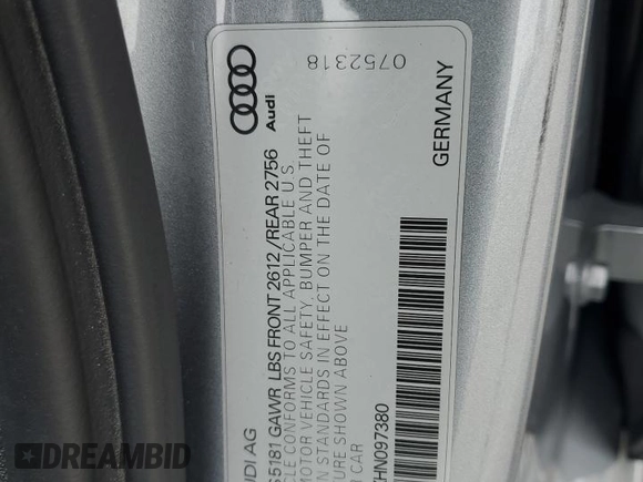 2017 Audi A6 Premium Plus with VIN WAUG8AFCXHN097380, listed as a Copart auction lot 52740875 with 44,613 mi miles and Salvage Title. Bid and sale history available at carsss.com. Image 12.