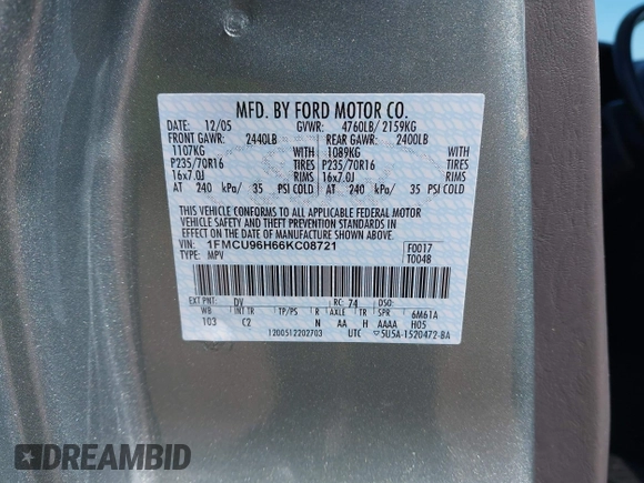 2006 Ford Escape Hybrid with VIN 1FMCU96H66KC08721, listed as a IAAI auction lot 42043128 with 58,394 mi miles and . Bid and sale history available at DreamBid. Image 9.