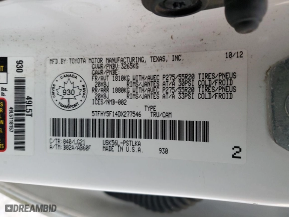 2013 Toyota Tundra 4WD Truck LTD with VIN 5TFHY5F14DX277546, listed as a Copart auction lot 73507524 with NaN miles and Salvage Title. Bid and sale history available at carsss.com. Image 12.