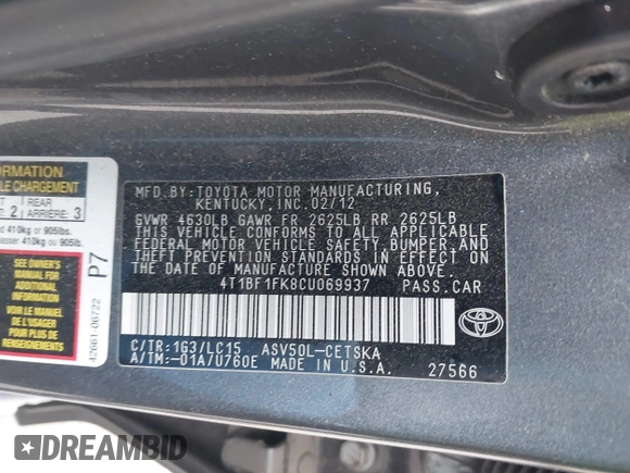 2012 Toyota Camry L with VIN 4T1BF1FK8CU069937, listed as a IAAI auction lot 41855920 with 132,842 mi miles. Bid and sale history available at carsss.com. Image 9.