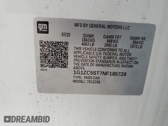 2022 Chevrolet Malibu LS with VIN 1G1ZC5ST7NF185728, listed as a Copart auction lot 52514505 with 52,997 mi miles and Clean Title. Bid and sale history available at DreamBid. Image 12.