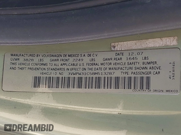 2008 Volkswagen Beetle S with VIN 3VWPW31C58M513287, listed as a IAAI auction lot 42744030 with 160,735 mi miles and . Bid and sale history available at DreamBid. Image 9.