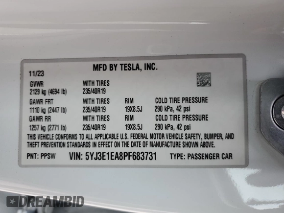 2023 Tesla Model 3 with VIN 5YJ3E1EA8PF683731, listed as a Copart auction lot 48896555 with 19,177 mi miles and Salvage title. Bid and sale history available at DreamBid. Image 14.