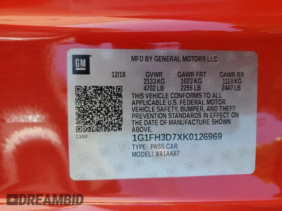 2019 Chevrolet Camaro 2SS z VIN 1G1FH3D7XK0126969, wystawiony jako Copart lot #55491575 z przebiegiem 9 156 mil mil oraz Szkoda całkowita • Salvage title. Historia ofert i sprzedaży dostępna na DreamBid. Obrazek 12.