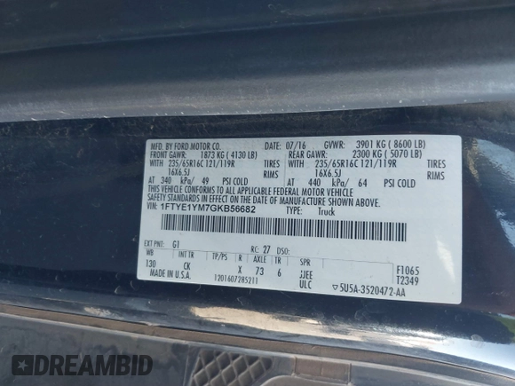 2016 Ford Transit Cargo with VIN 1FTYE1YM7GKB56682, listed as a IAAI auction lot 39506785 with 221,399 mi miles and . Bid and sale history available at DreamBid. Image 9.