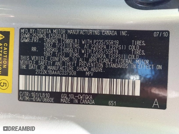 2010 Lexus RX 350 with VIN 2T2ZK1BA4AC037908, listed as a IAAI auction lot 41837351 with 283,483 mi miles. Bid and sale history available at carsss.com. Image 9.