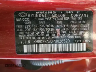 2023 Hyundai Kona SE with VIN KM8K22AB3PU028520, listed as a Copart auction lot 54445485 with 43,918 mi miles and Salvage Title. Bid and sale history available at carsss.com. Image 12.