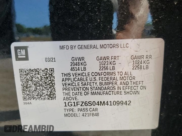 2021 Chevrolet Bolt EV Premier with VIN 1G1FZ6S04M4109942, listed as a Copart auction lot 60393574 with 46,871 mi miles and Salvage title. Bid and sale history available at DreamBid. Image 13.