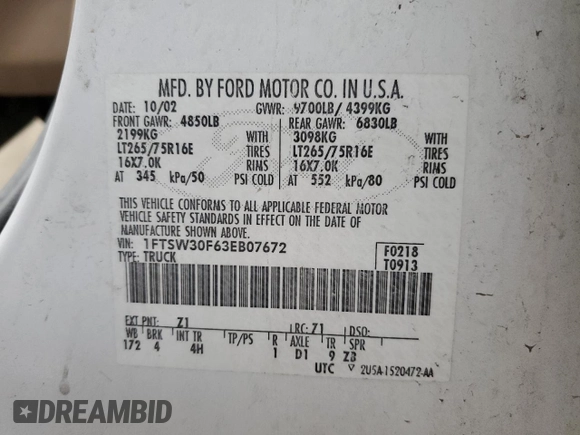 2003 Ford F-350 XL with VIN 1FTSW30F63EB07672, listed as a Copart auction lot 44244575 with 243,624 mi miles and Salvage Title. Bid and sale history available at DreamBid. Image 12.