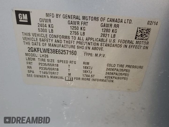 2014 GMC Terrain SLE with VIN 2GKFLWE38E6257160, listed as a Copart auction lot 49010795 with 140,830 mi miles and Salvage Title. Bid and sale history available at carsss.com. Image 13.