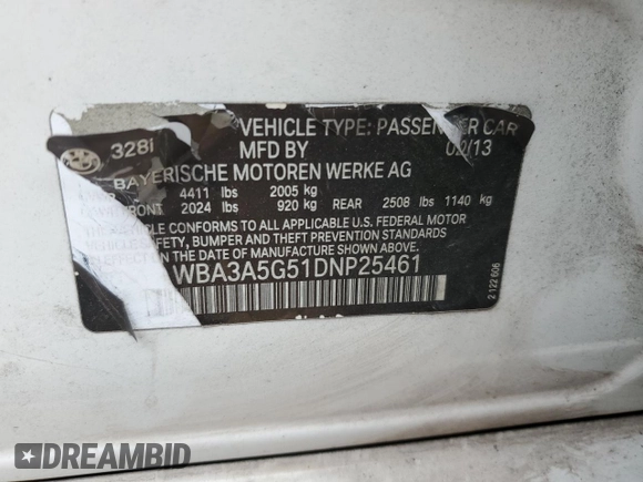 2013 BMW 3 Series 328i with VIN WBA3A5G51DNP25461, listed as a Copart auction lot 55478925 with 103,492 mi miles and Clean Title. Bid and sale history available at carsss.com. Image 12.