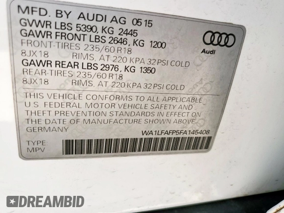 2015 Audi Q5 Premium Plus with VIN WA1LFAFP5FA145408, listed as a Copart auction lot 60108735 with 129,062 mi miles and Clean title. Bid and sale history available at DreamBid. Image 13.