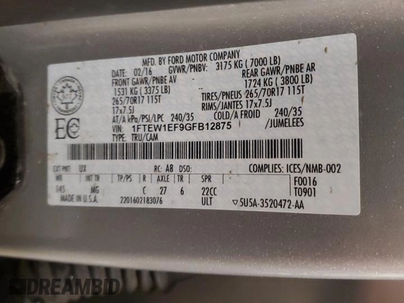 2016 Ford F-150 XLT with VIN 1FTEW1EF9GFB12875, listed as a Copart auction lot 51447015 with Not provided miles and Non repairable. Bid and sale history available at DreamBid. Image 12.