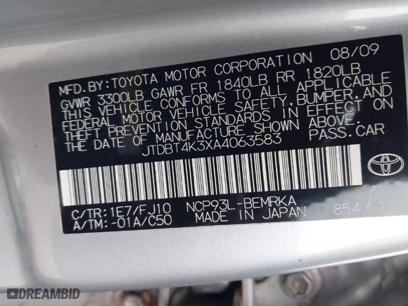 2010 Toyota Yaris with VIN JTDBT4K3XA4063583, listed as a IAAI auction lot 41943972 with 170,729 mi miles. Bid and sale history available at carsss.com. Image 9.