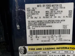 2013 Ford F-150 XL with VIN 1FTFW1ET0DFD43962, listed as a Copart auction lot 88587115 with 209,801 mi miles and Salvage Title. Bid and sale history available at carsss.com. Image 14.