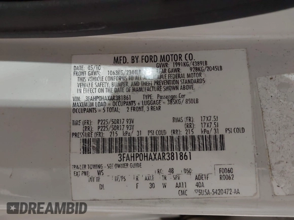 2010 Ford Fusion SE with VIN 3FAHP0HAXAR381861, listed as a IAAI auction lot 42021542 with 103,034 mi miles and . Bid and sale history available at carsss.com. Image 9.
