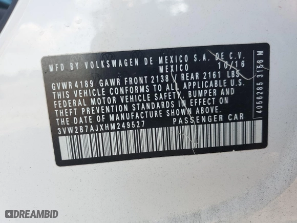 2017 Volkswagen Jetta 1.4T S with VIN 3VW2B7AJXHM249527, listed as a Copart auction lot 86290274 with 0 mi miles and Salvage Title. Bid and sale history available at carsss.com. Image 12.