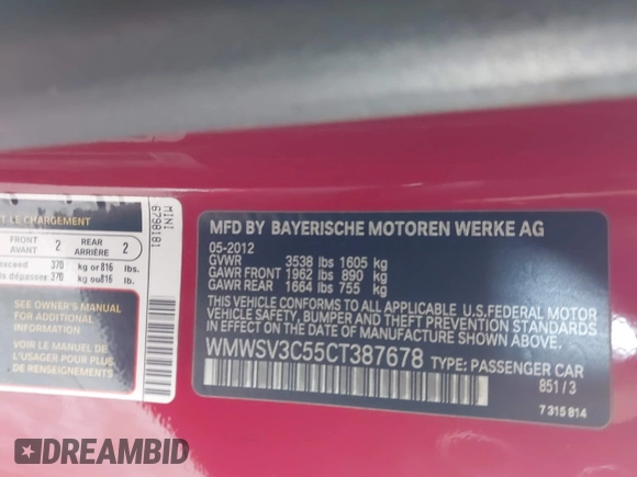 2012 MINI Hardtop S with VIN WMWSV3C55CT387678, listed as a IAAI auction lot 42487337 with 111,965 mi miles and . Bid and sale history available at DreamBid. Image 9.