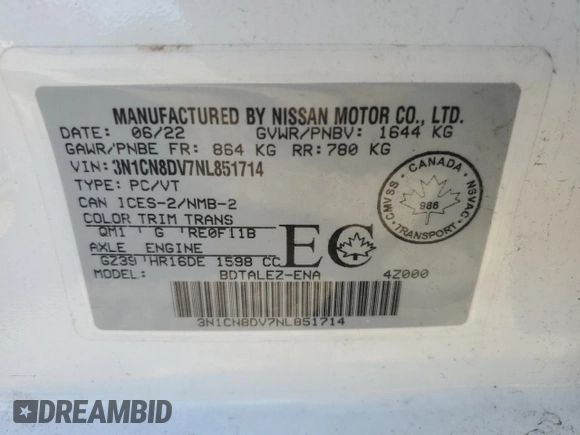 2022 Nissan Versa S with VIN 3N1CN8DV7NL851714, listed as a Copart auction lot 51690345 with 47,805 mi miles and Clean title. Bid and sale history available at DreamBid. Image 12.