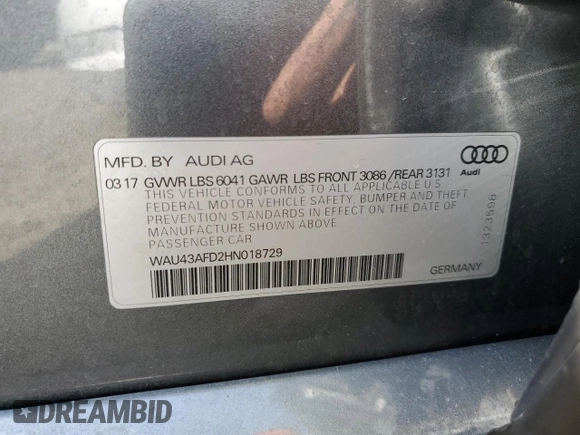 2017 Audi A8 Sport with VIN WAU43AFD2HN018729, listed as a Copart auction lot 46606155 with 88,734 mi miles and Salvage Title. Bid and sale history available at DreamBid. Image 12.