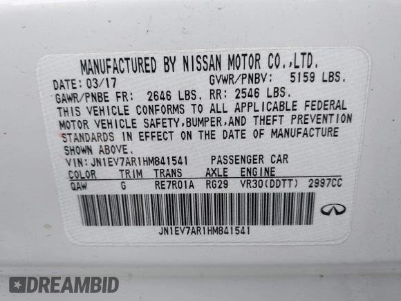 2017 Infiniti Q50 Premium with VIN JN1EV7AR1HM841541, listed as a IAAI auction lot 41876174 with 64,552 mi miles and . Bid and sale history available at carsss.com. Image 9.