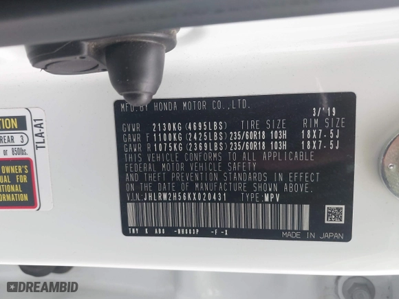2019 Honda CR-V EX with VIN JHLRW2H56KX020431, listed as a IAAI auction lot 41870891 with 49,601 mi miles. Bid and sale history available at carsss.com. Image 9.