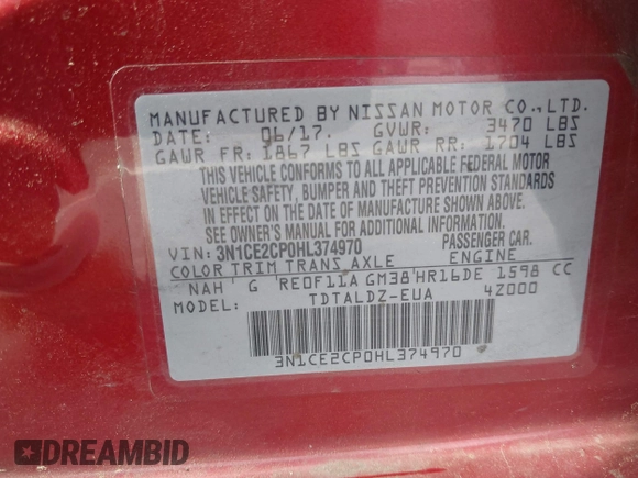 2017 Nissan Note SV with VIN 3N1CE2CP0HL374970, listed as a IAAI auction lot 42081165 with 87,808 mi miles and . Bid and sale history available at DreamBid. Image 9.