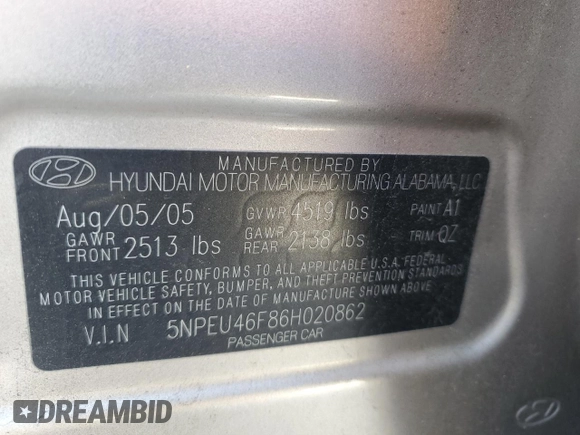 2006 Hyundai Sonata GLS with VIN 5NPEU46F86H020862, listed as a Copart auction lot 54012625 with 96,654 mi miles and Salvage Title. Bid and sale history available at DreamBid. Image 12.
